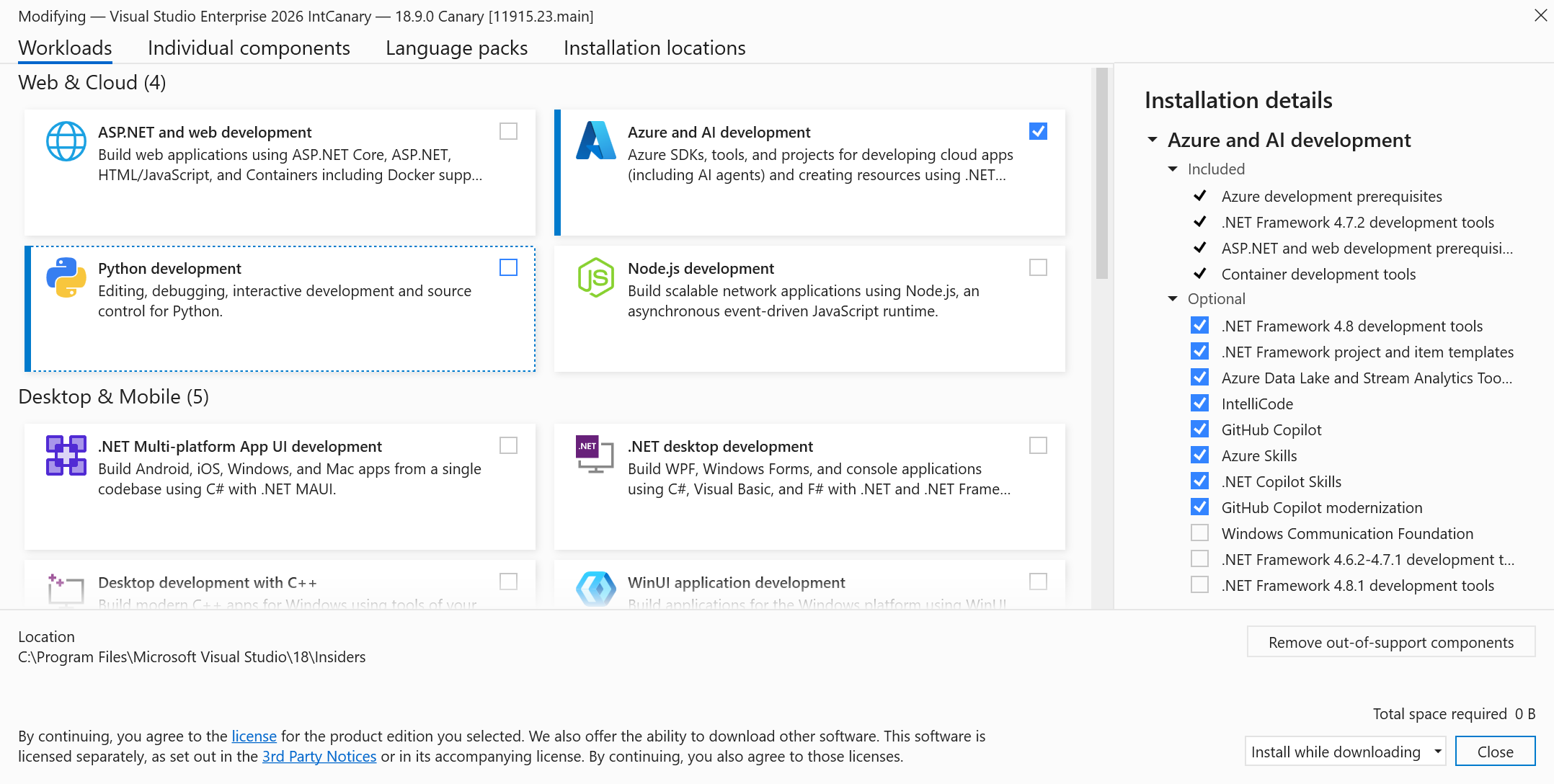 A screenshot showing how to install GitHub Copilot and Azure MCP Server components through Visual Studio workloads.