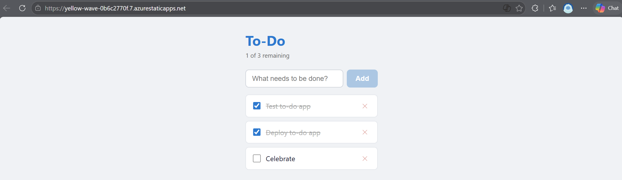 Screenshot of deployed To-Do web app on Azure Static Web Apps with two completed tasks and one remaining.