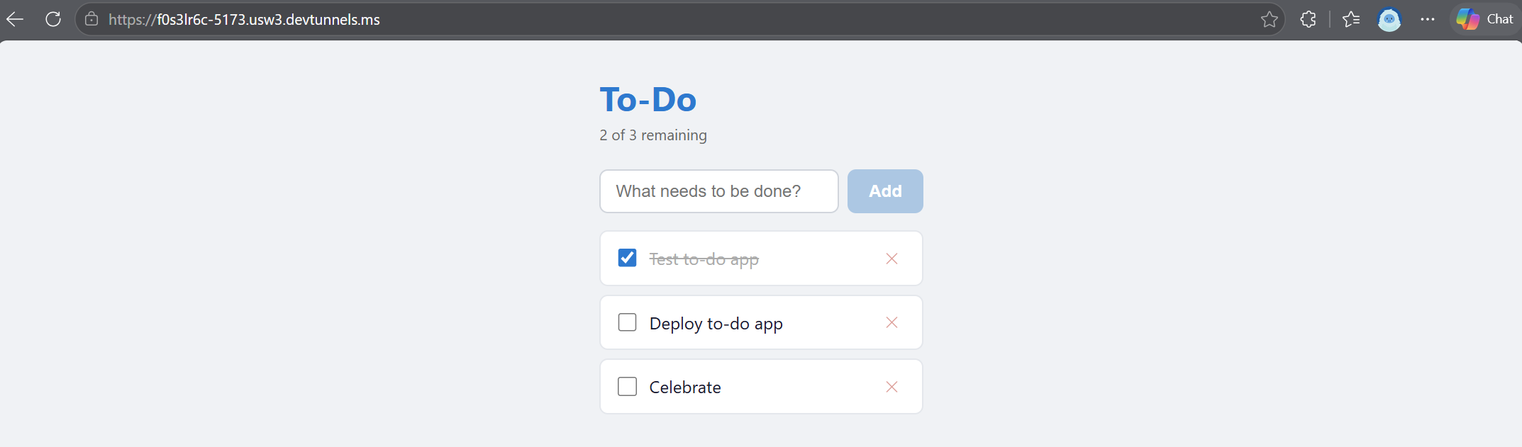 Screenshot of To-Do app showing 2 of 3 tasks remaining with one completed task and an input field to add new tasks.
