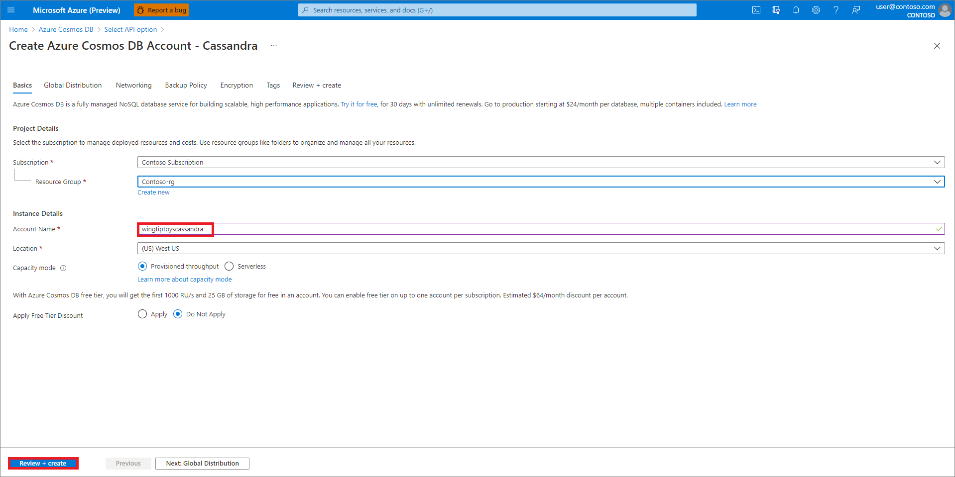 Screenshot of Azure Cosmos DB account settings in the Azure portal.