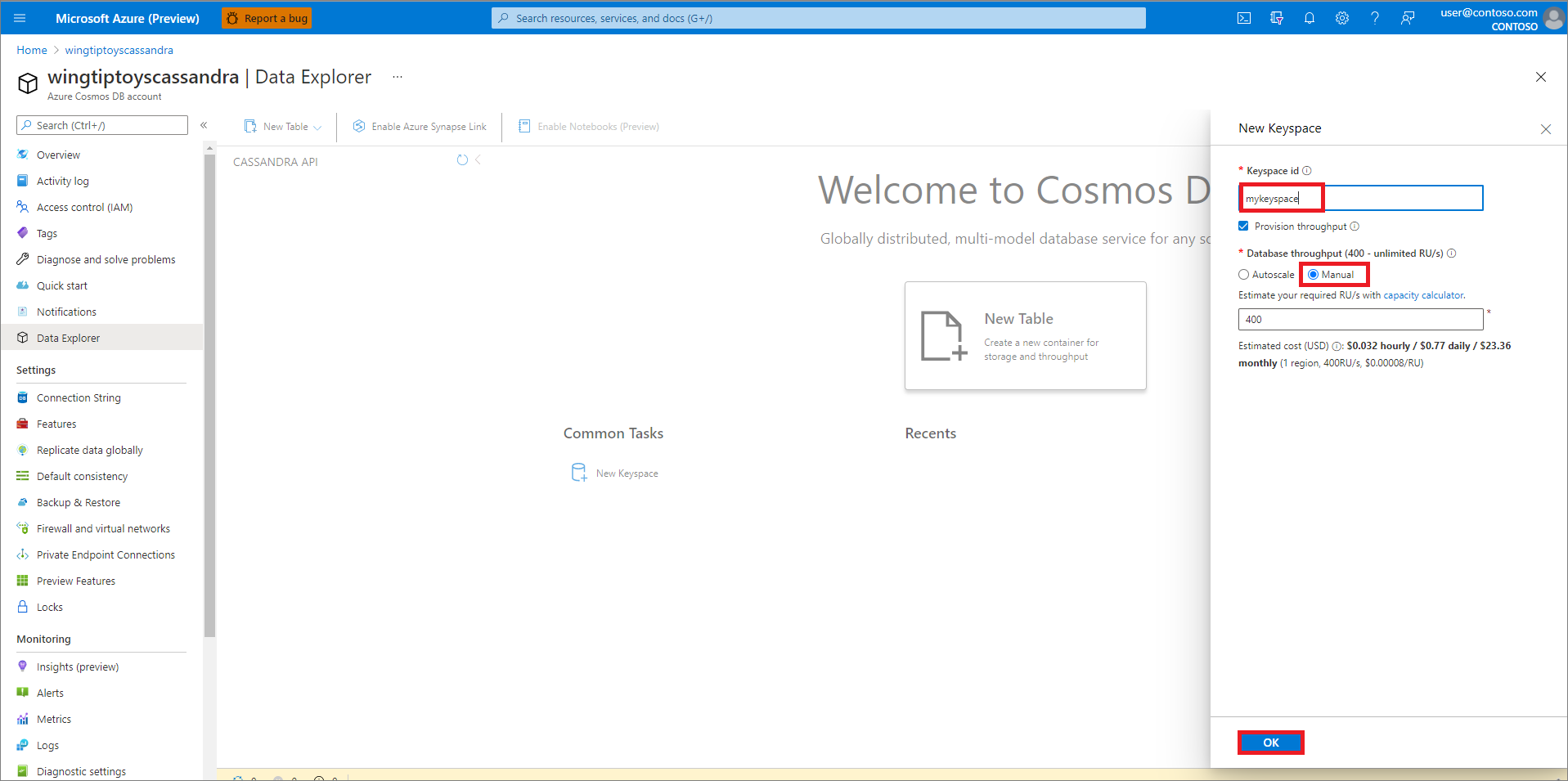 Screenshot of the dialog used to create an Azure Cosmos DB keyspace.