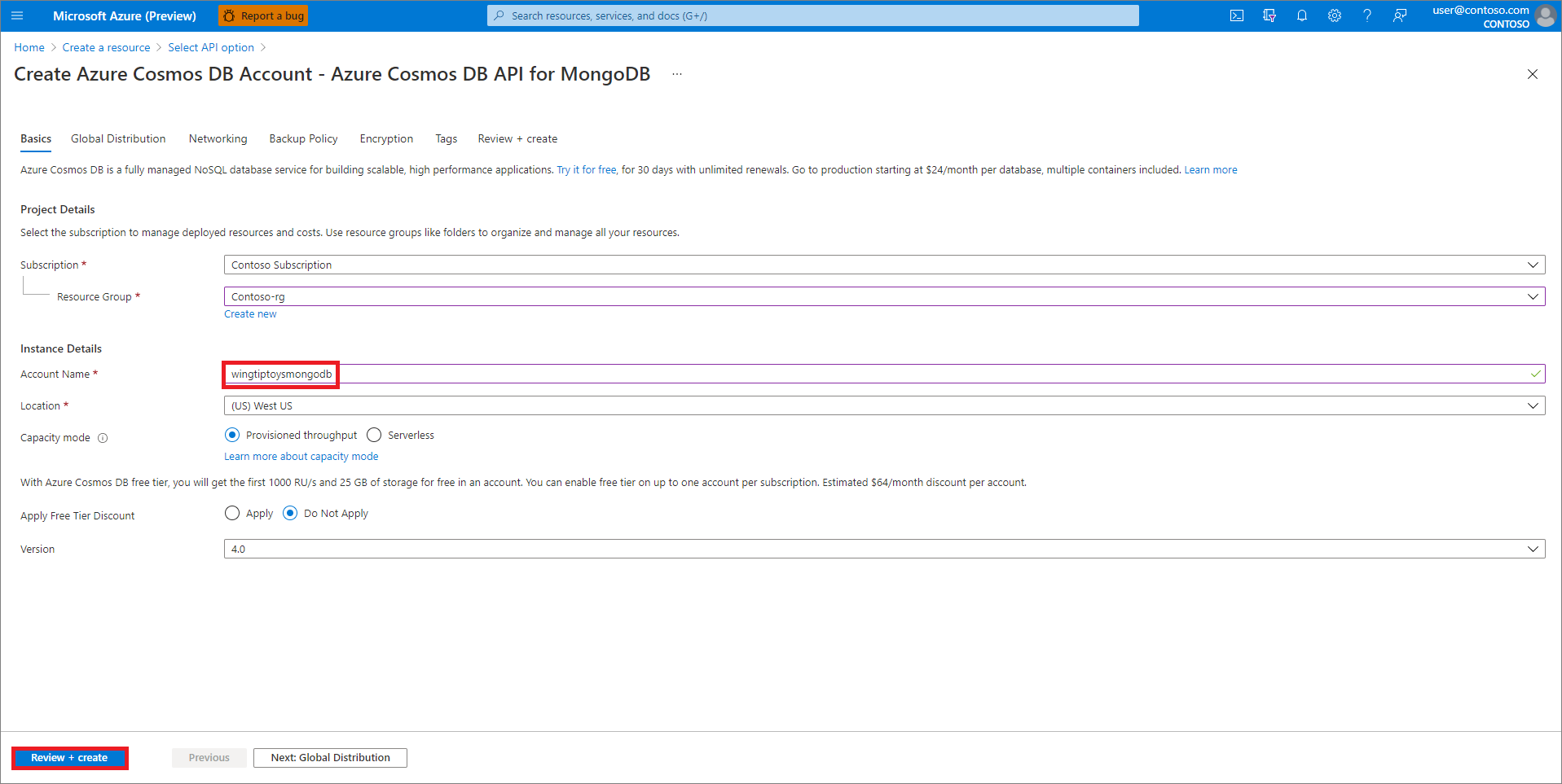 Screenshot of the review page showing the Azure Cosmos DB account settings before creation.