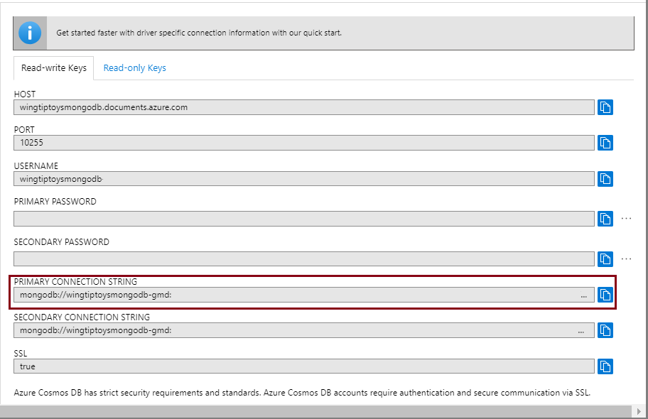 Screenshot of the Connection strings page showing the Primary Connection String for the Azure Cosmos DB account.