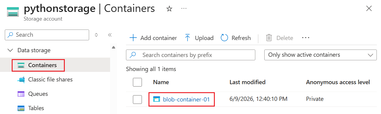 Azure portal page for the storage account showing the blob container