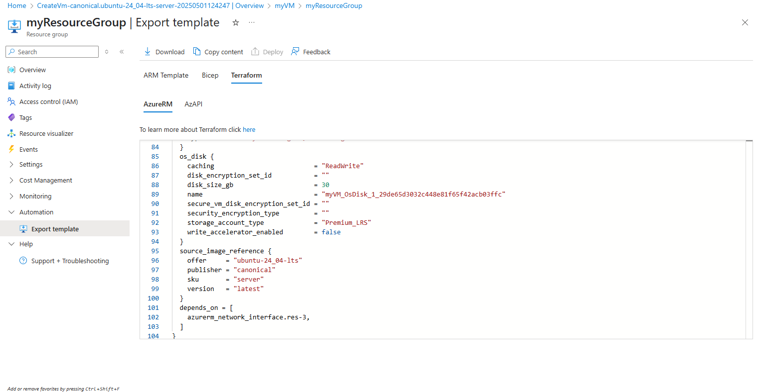 Screenshot of Export Terraform output within Azure portal.