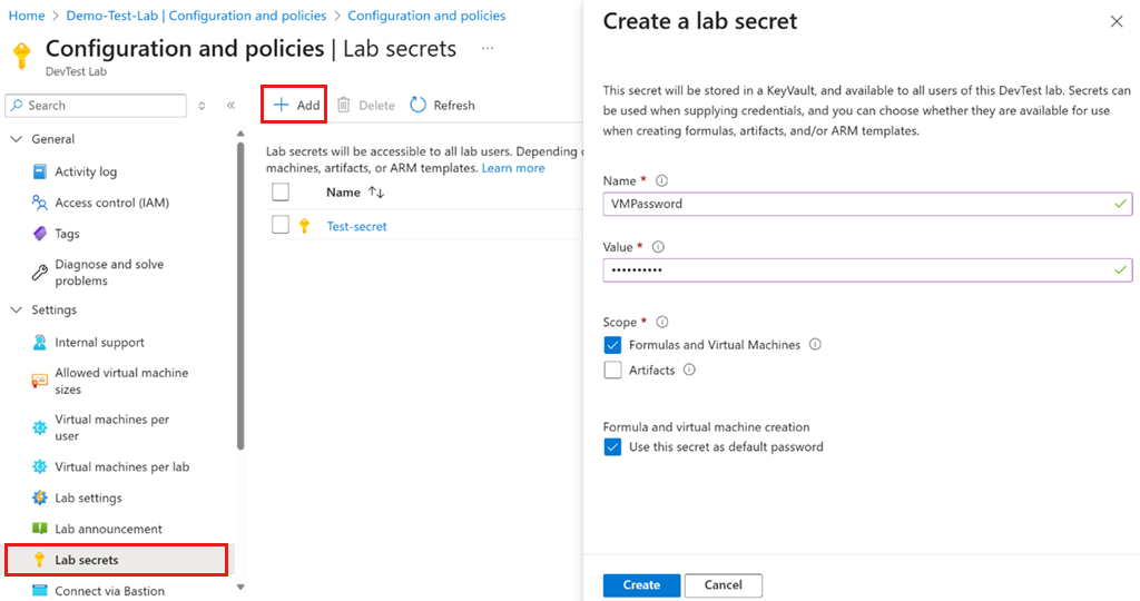 Screenshot of Lab Secrets in Azure DevTest Labs.