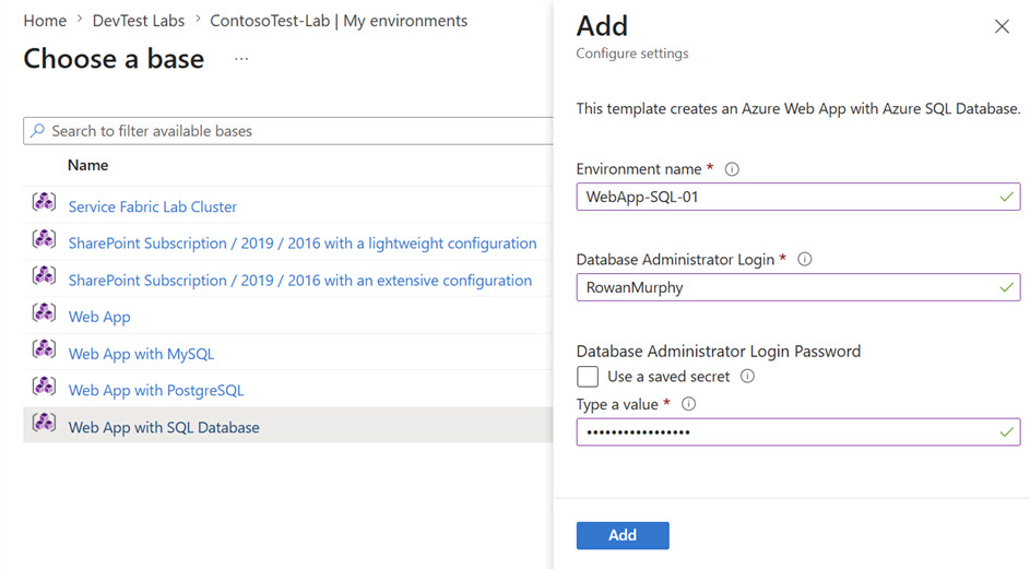 Screenshot that shows selecting Web App with SQL Database and entering environment settings in Azure DevTest Labs.