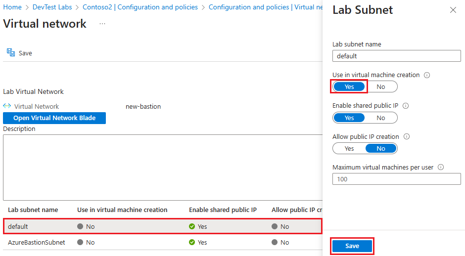 Screenshot that shows enabling VM creation in the default subnet.