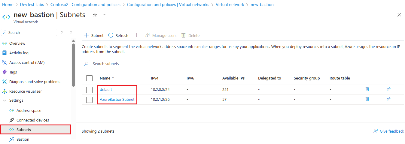 Screenshot that shows two subnets in the Azure Bastion virtual network.