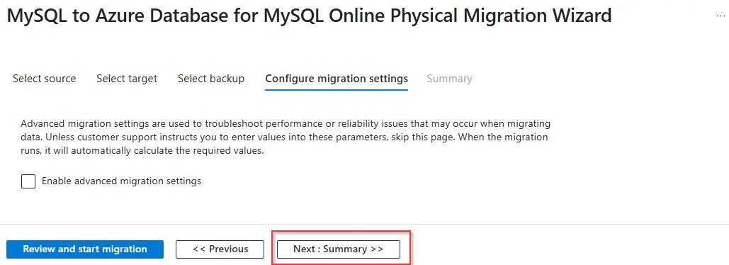 Screenshot of configuring migration settings page.