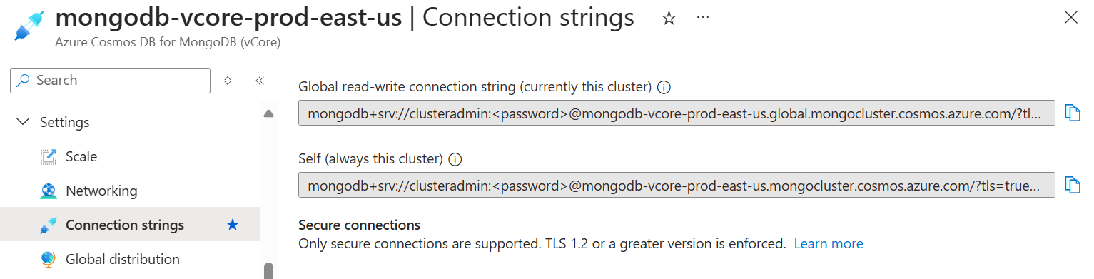 Screenshot of the cluster connection strings an Azure DocumentDB cluster including global read-write connection string and self connection string.