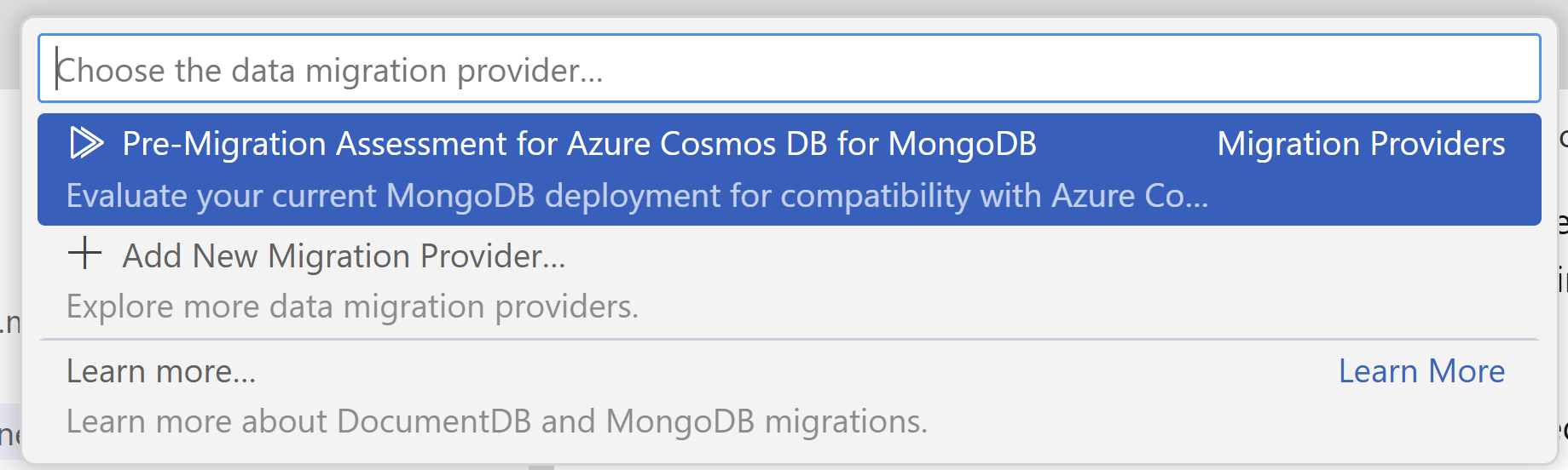 Screenshot of the command palette showing pre-migration assessment option in Visual Studio Code.