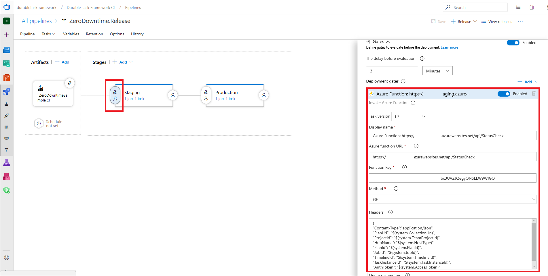 Screenshot of an Azure Pipelines deployment gate configuration for Durable Functions zero-downtime deployment.