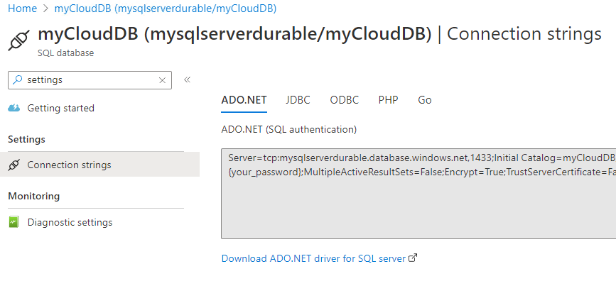 Screenshot of the Azure SQL database connection string in the Azure portal.