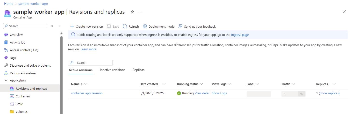 Screenshot of the Revisions and replicas page showing scaled replicas in the Azure portal.