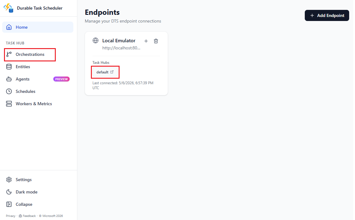 Screenshot of the dashboard home page with links to task hubs, orchestration history, entities, schedules, workers, metrics, and AI agents.