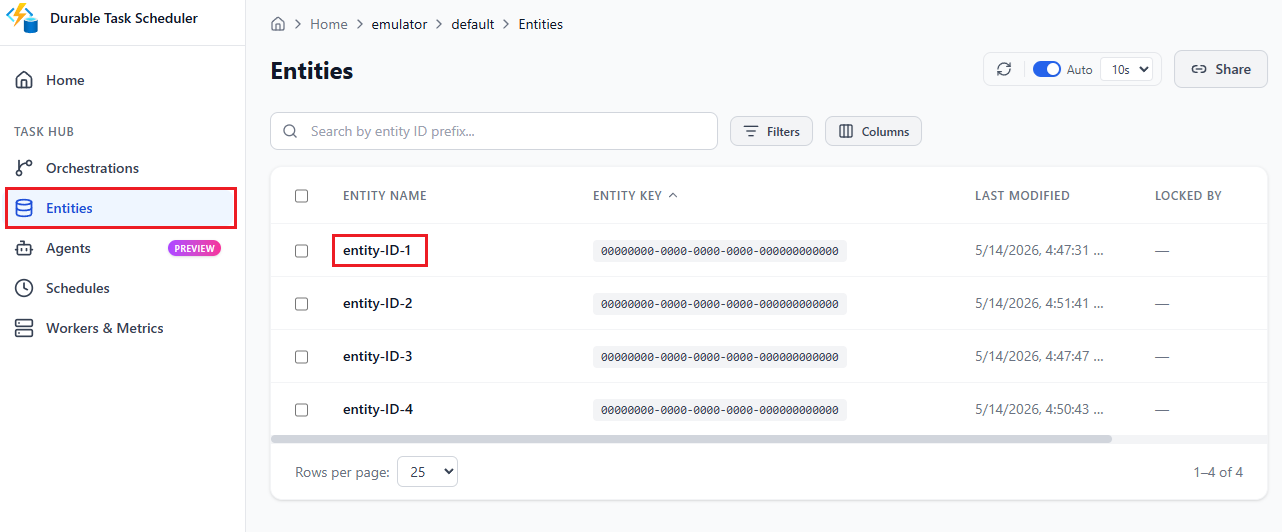 Screenshot of the entities you created and some management tools for them.