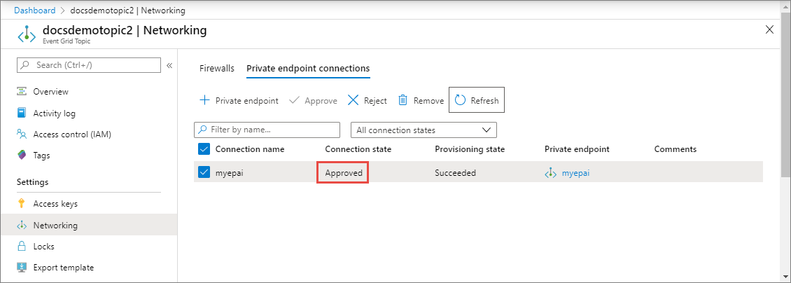 Screenshot showing the private endpoint connection with Approved status.