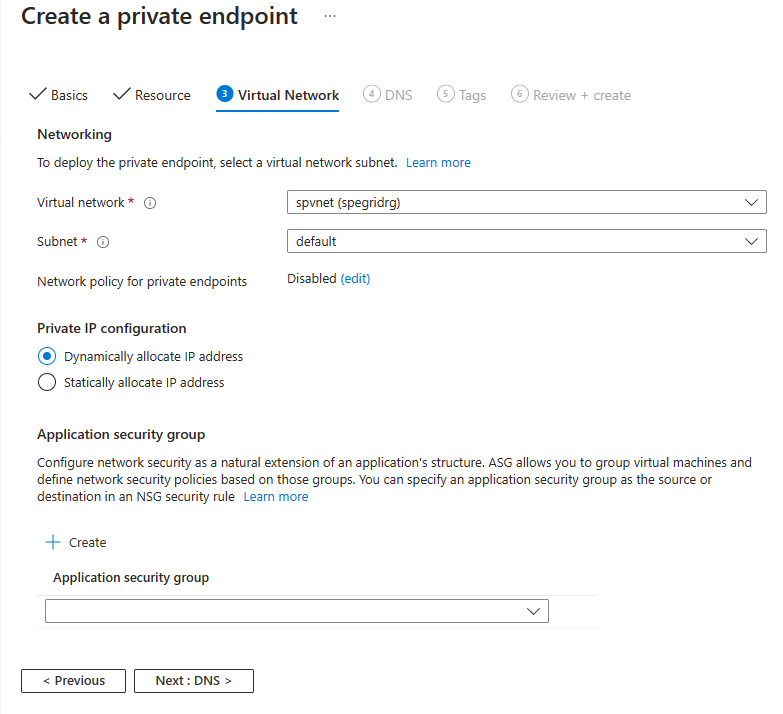 Screenshot showing the Virtual Network page of the Create a private endpoint wizard.