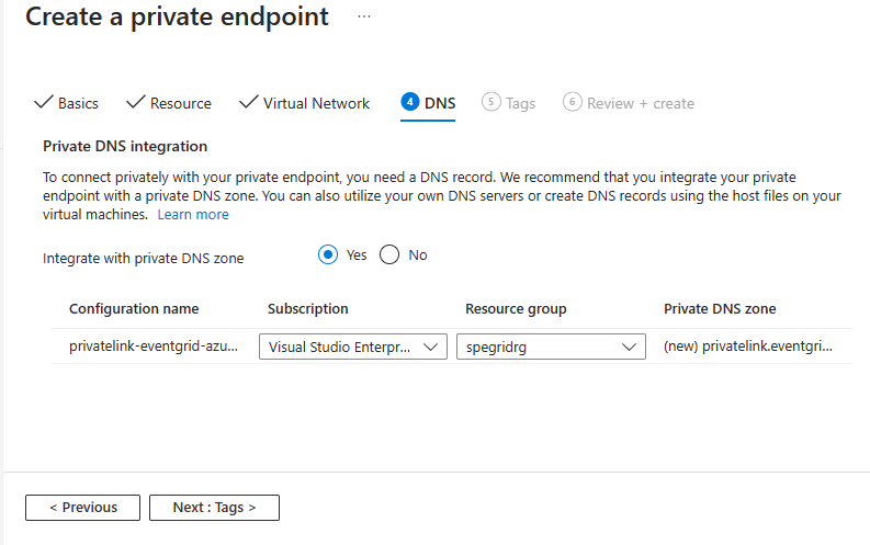 Screenshot showing the DNS page of the Create a private endpoint wizard.