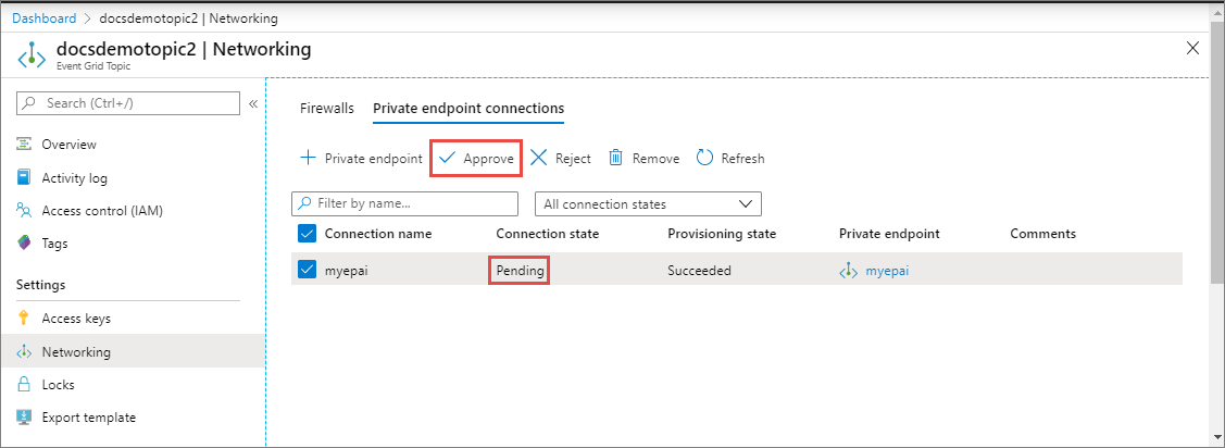 Screenshot showing a private endpoint connection in Pending state on the Networking tab.