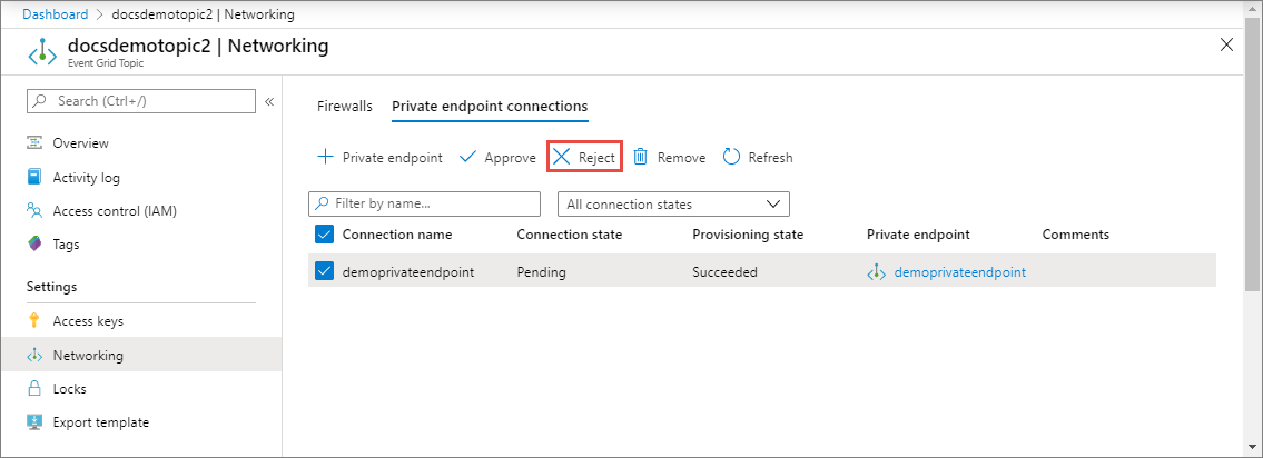 Screenshot showing the Private endpoint connections tab with the Reject button selected.
