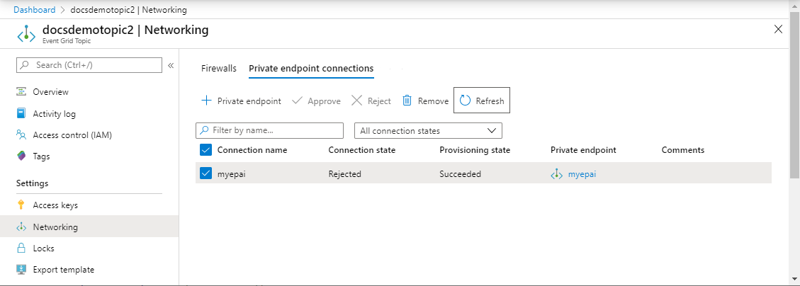 Screenshot showing the private endpoint connection with Rejected status.