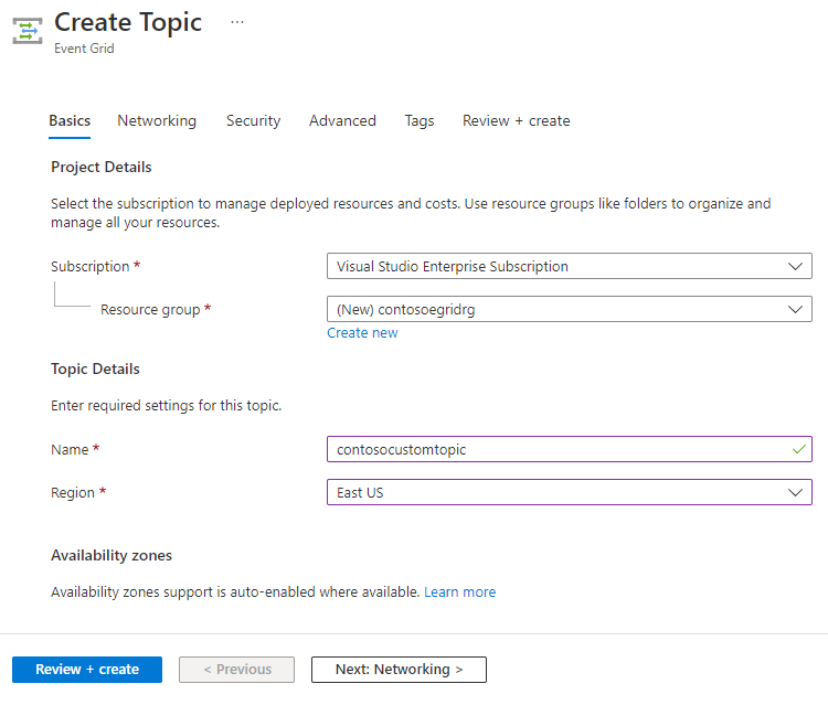 Screenshot showing the Basics page of the Create Topic wizard.