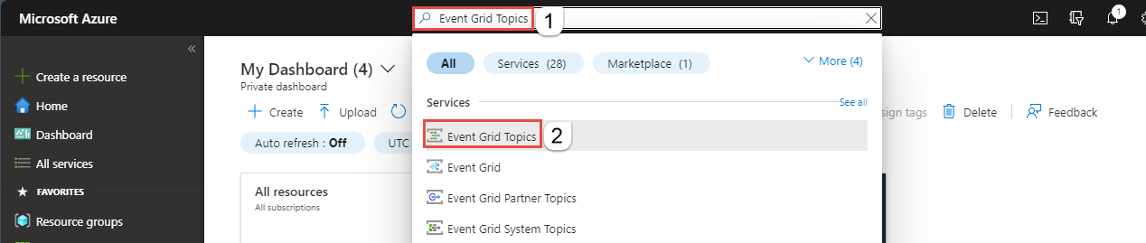 Screenshot of the Azure port search bar to search for Event Grid topics.