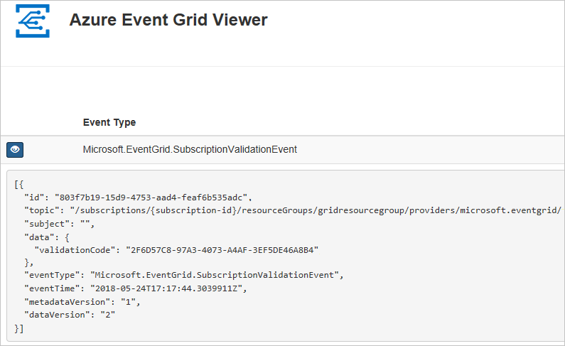 Screenshot showing the Event Grid Viewer sample with a subscription validation event.