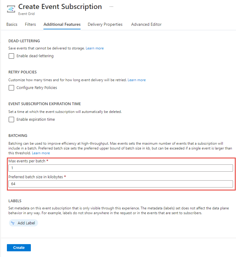 Screenshot of the Advanced Features tab on the Create Event Subscription page showing the batch settings.