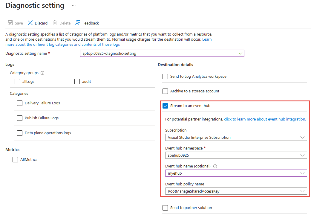 Screenshot that shows the Diagnostic settings page with Stream to an event hub selected.