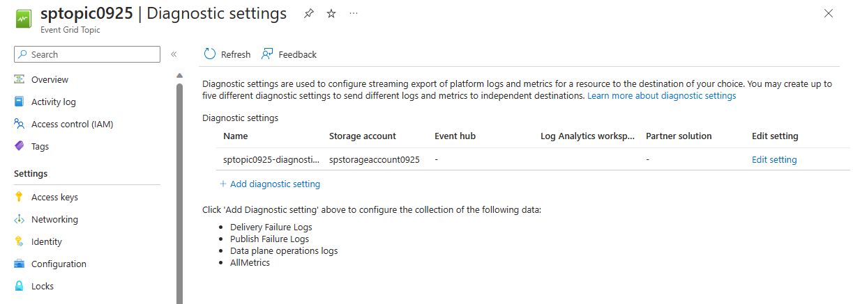 Screenshot that shows the Diagnostic settings page with a new entry highlighted in the Diagnostic settings table.