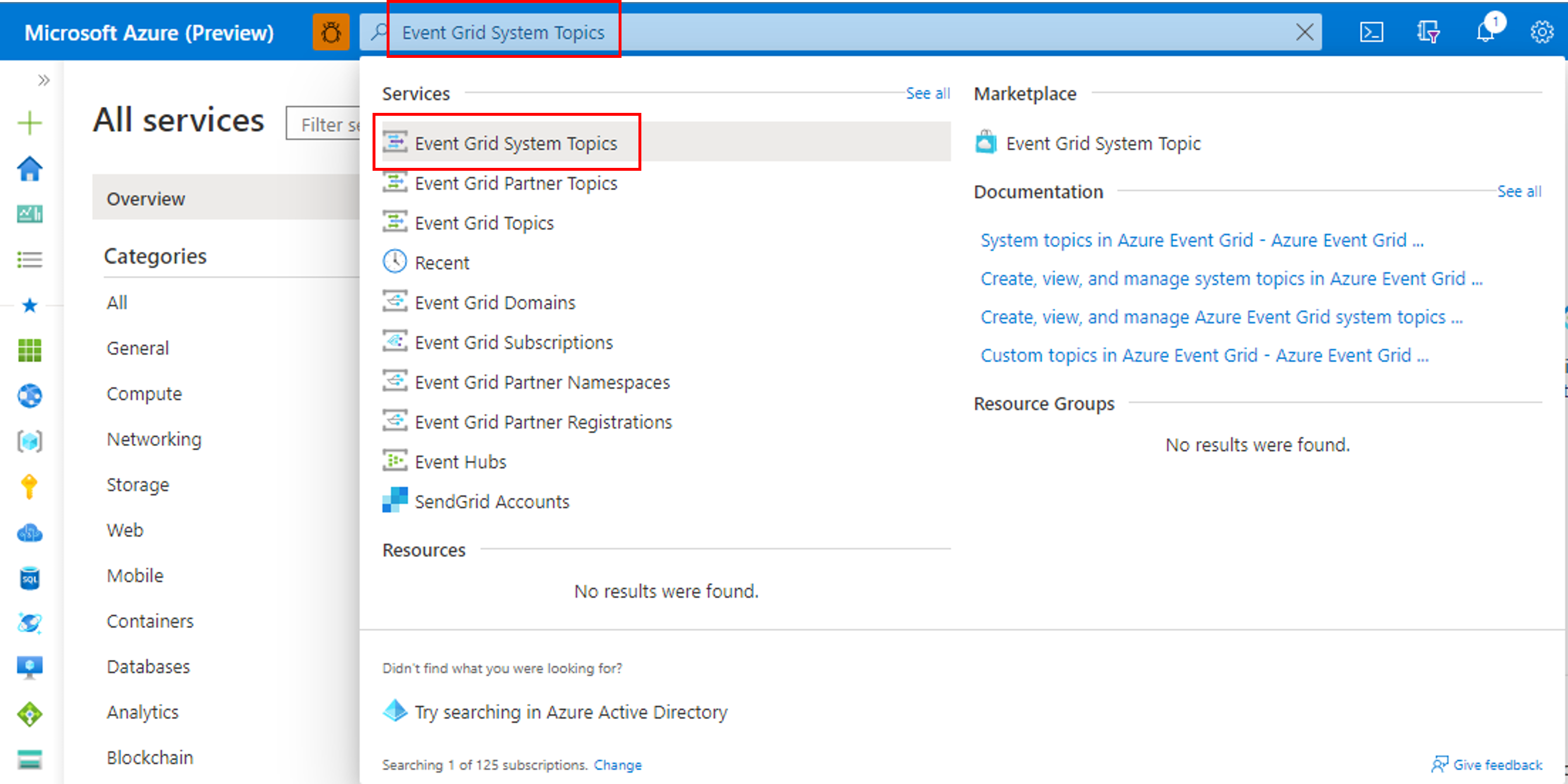 Screenshot that shows the Azure portal with Event Grid system topics in the search box.