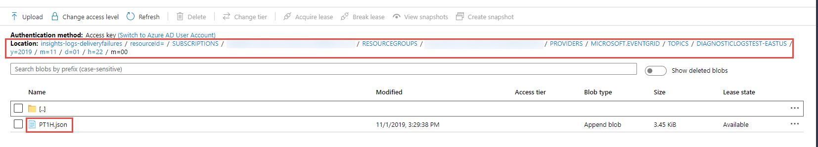 Screenshot that shows a JSON blob file in the storage account.