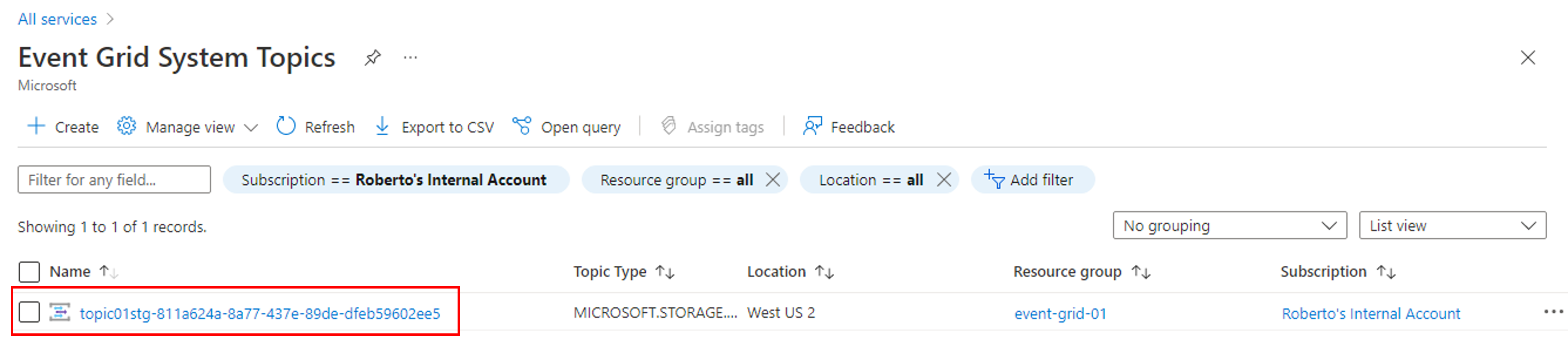Screenshot that shows the list of Event Grid system topics.