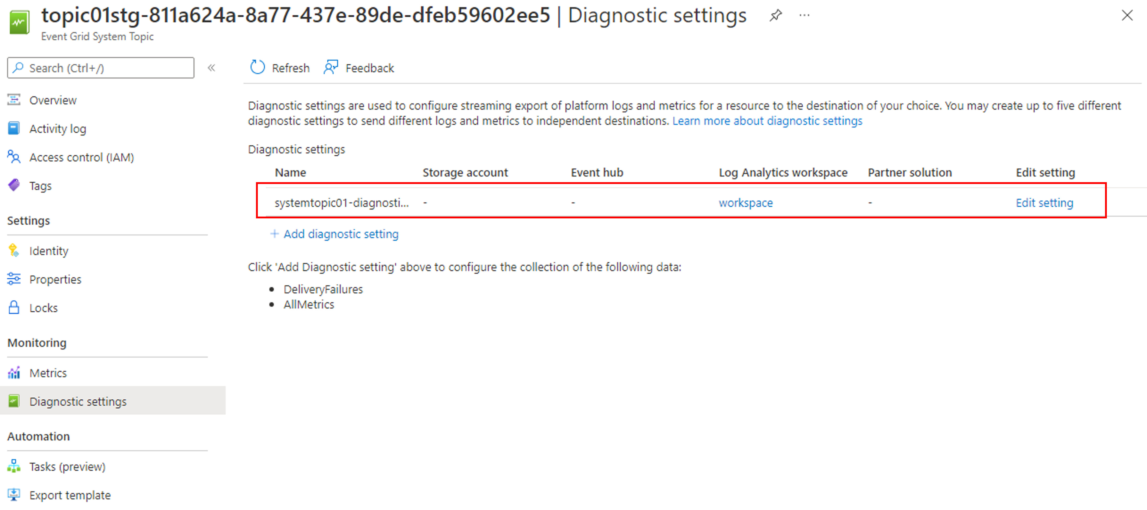 Screenshot that shows the Diagnostic settings page of a system topic with a new entry in the table.