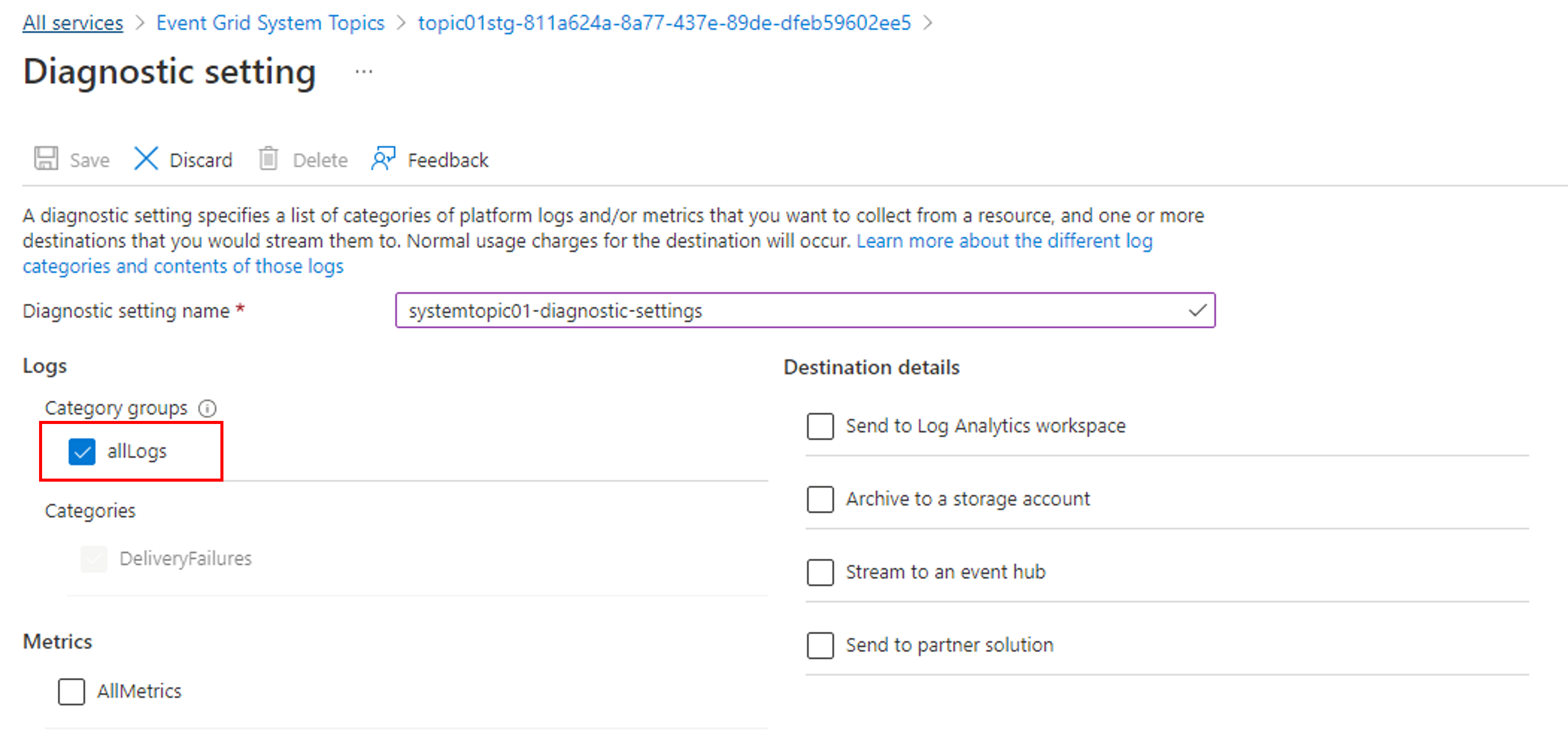 Screenshot that shows the Diagnostic settings page of a system topic with All logs selected.