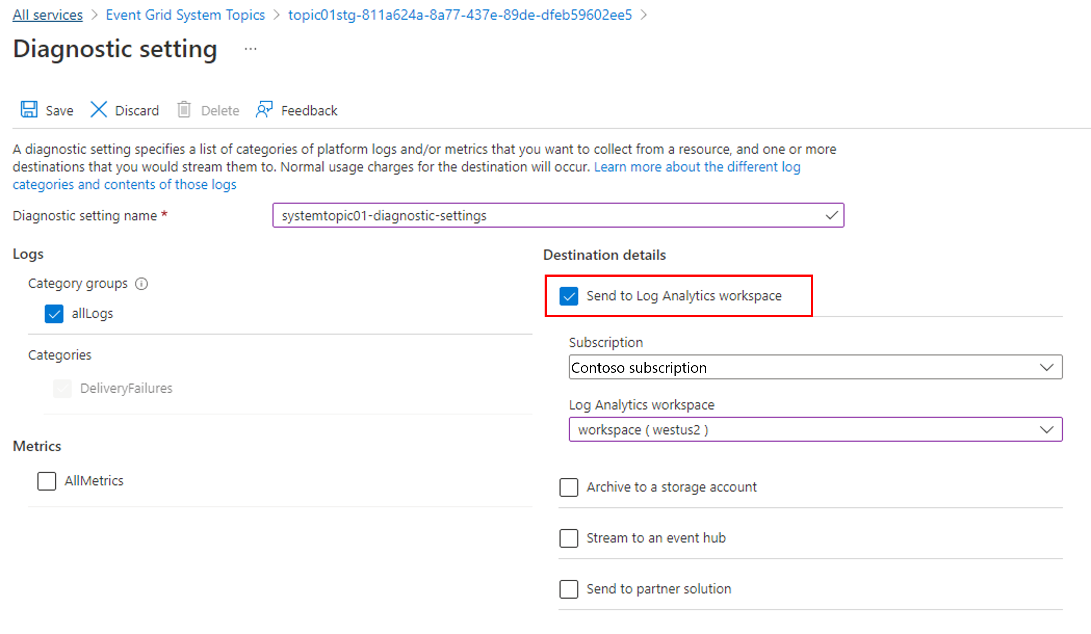 Screenshot that shows the Diagnostic settings page of a system topic with Send to Log Analytics selected.