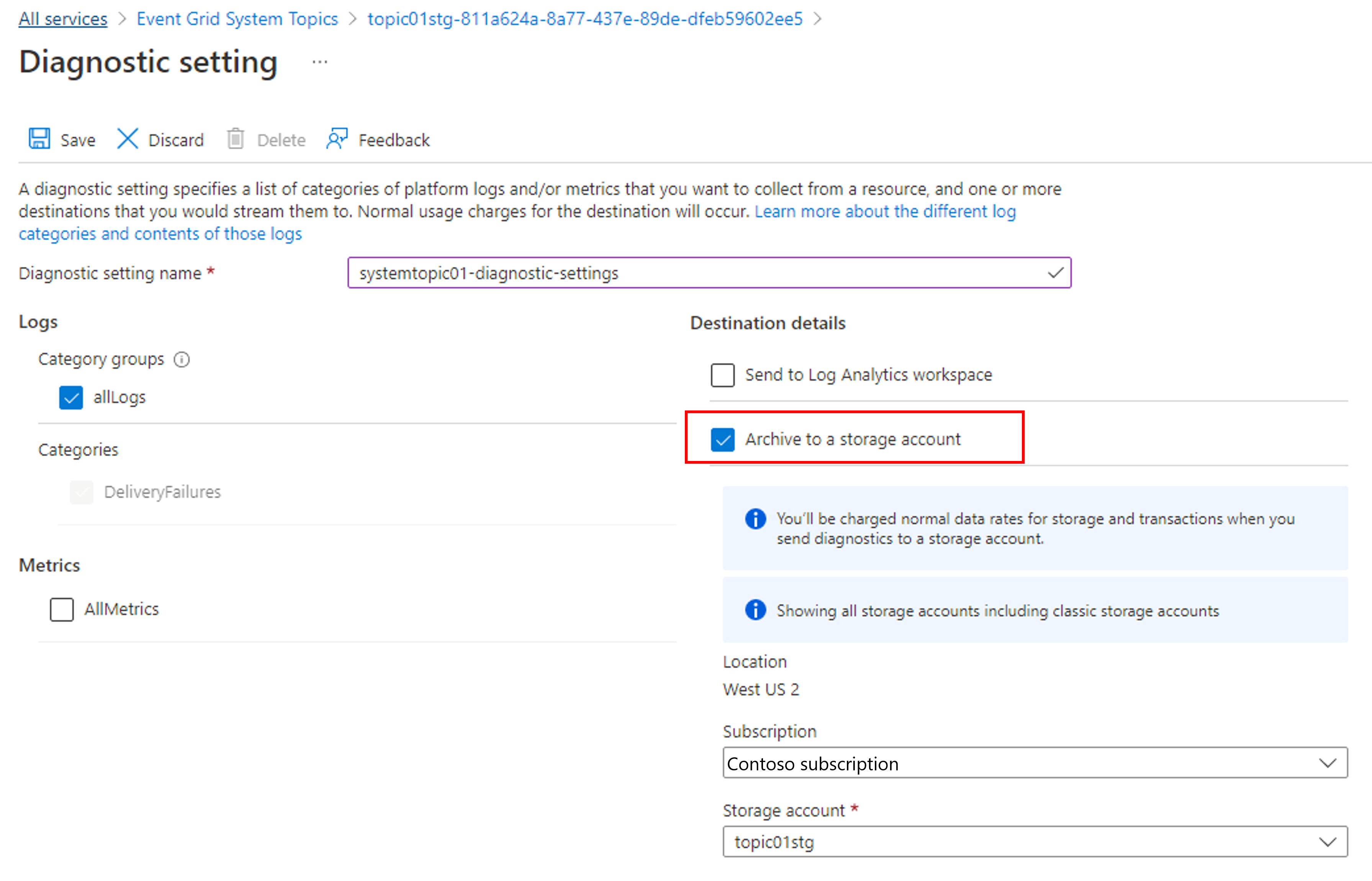Screenshot that shows the Diagnostic settings page of a system topic with Archive to a storage account selected.