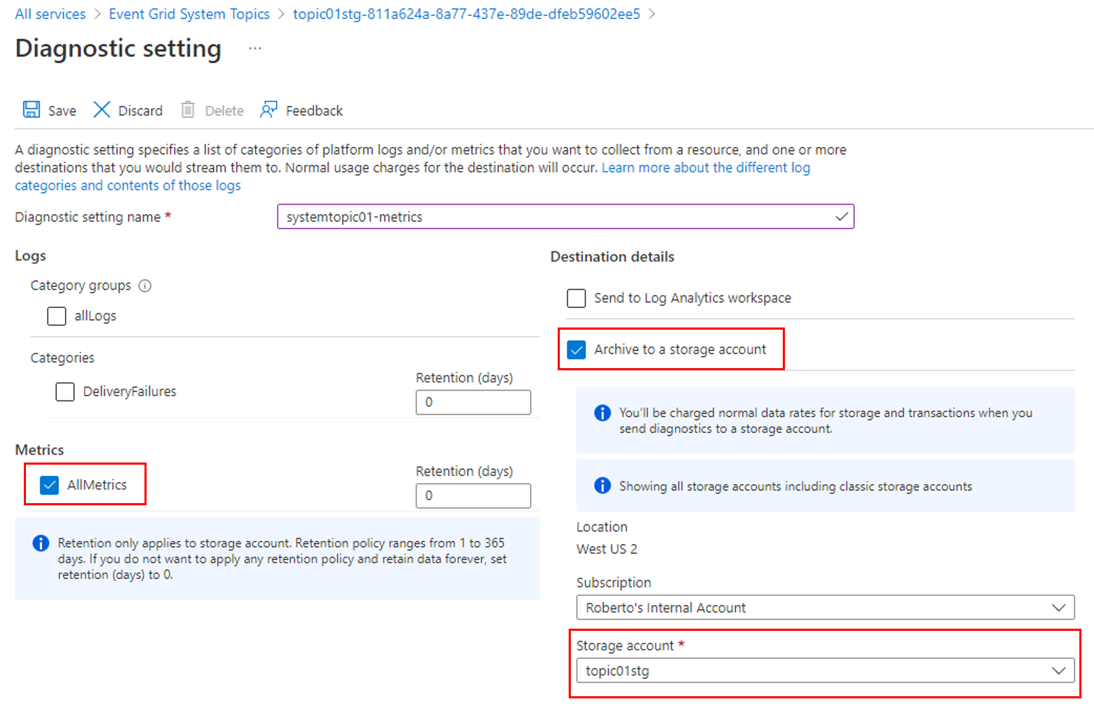 Screenshot that shows the Diagnostic settings page of a system topic with all metrics selected.