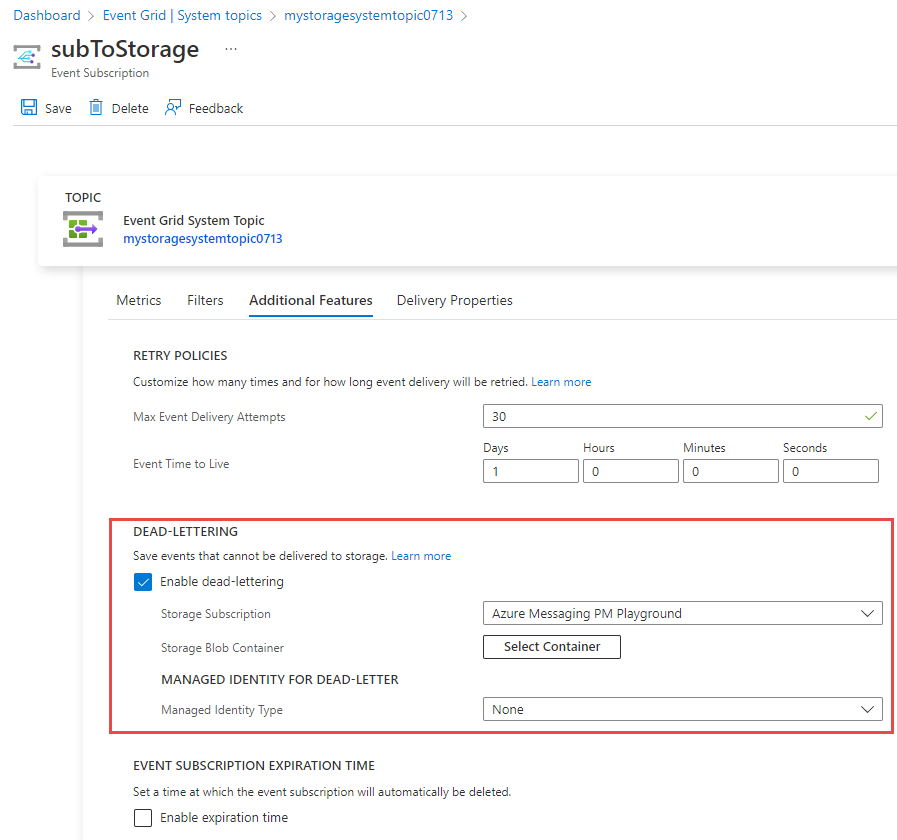 Screenshot of the dead-letter settings on the Additional features tab for an existing Event Grid event subscription.