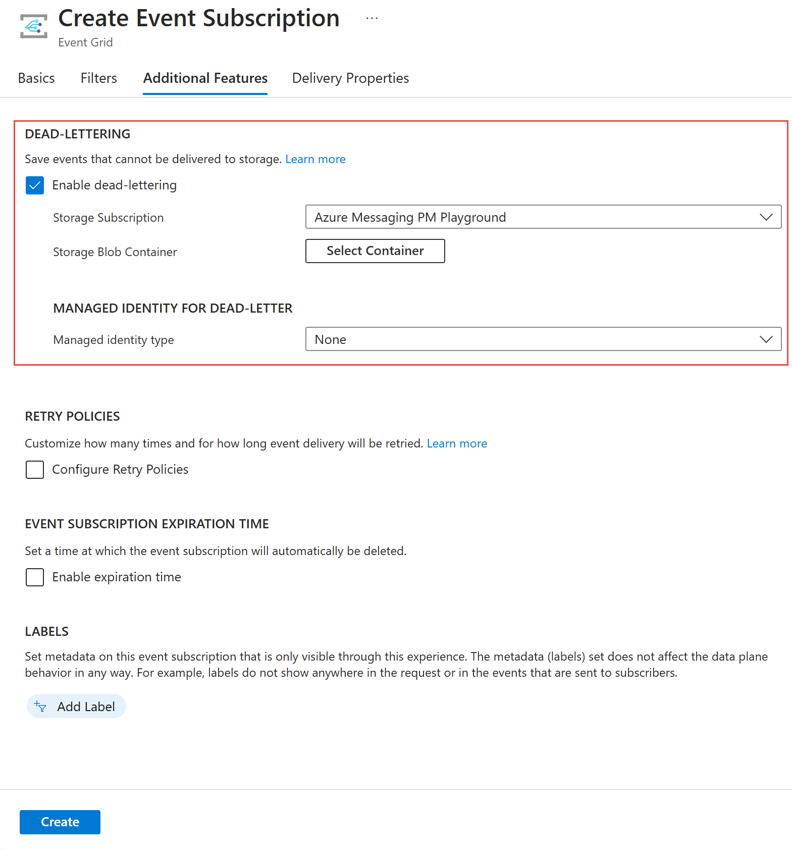 Screenshot of the dead-letter configuration settings on the Additional features tab when creating an Event Grid subscription.