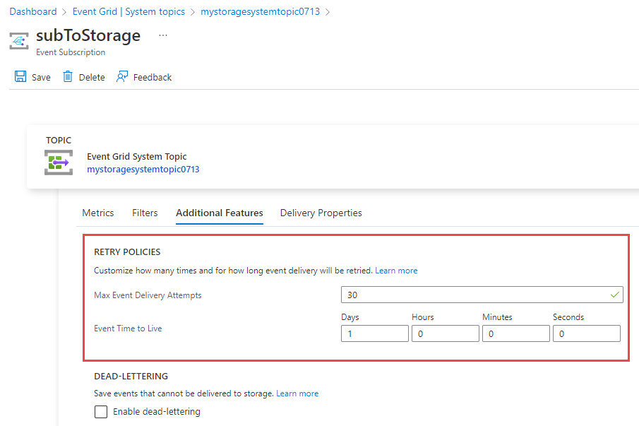 Screenshot of the retry policy settings on the Additional features tab for an existing Event Grid event subscription.