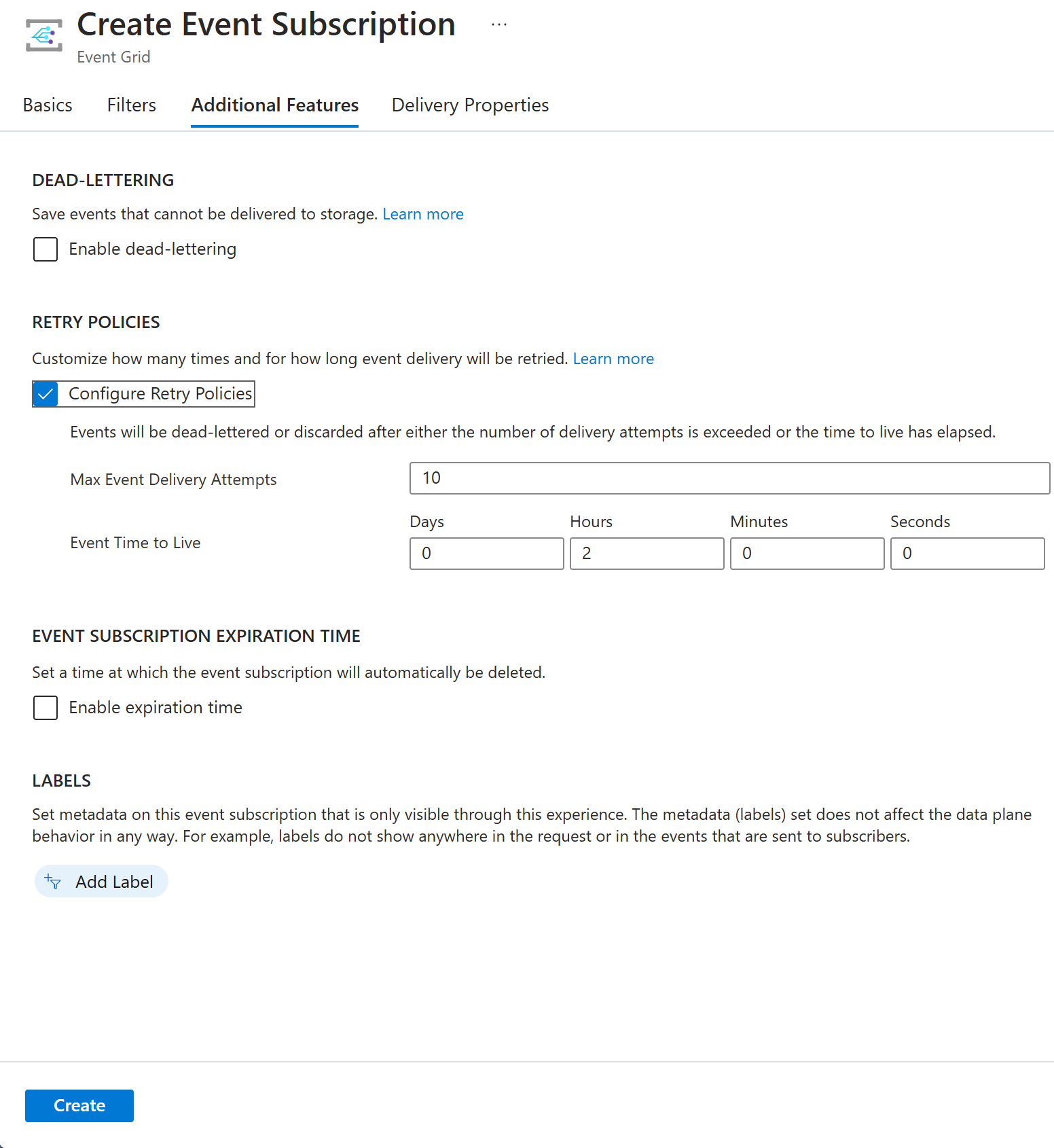 Screenshot of the retry policy configuration settings on the Additional features tab when creating an Event Grid subscription.