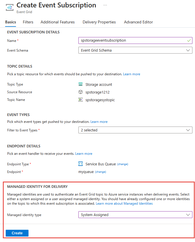 Screenshot of enabling a system-assigned identity for a Service Bus queue subscription.