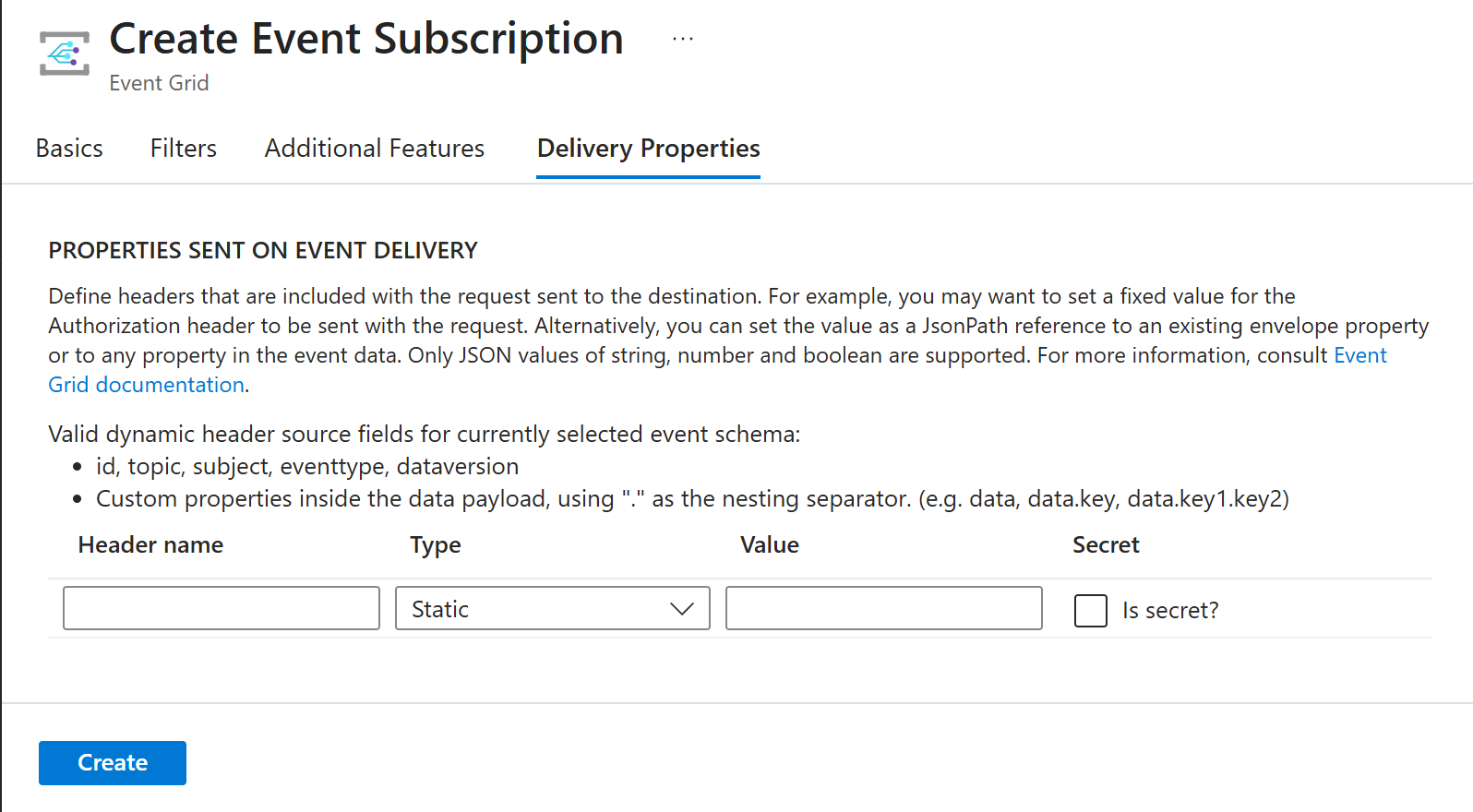 Screenshot that shows the Delivery properties tab of the Create Event Subscription page.