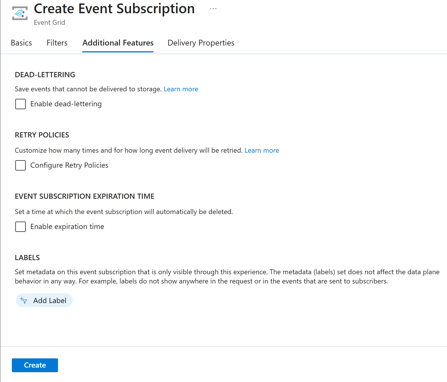 Screenshot that shows the Additional features tab of the Create Event Subscription page.