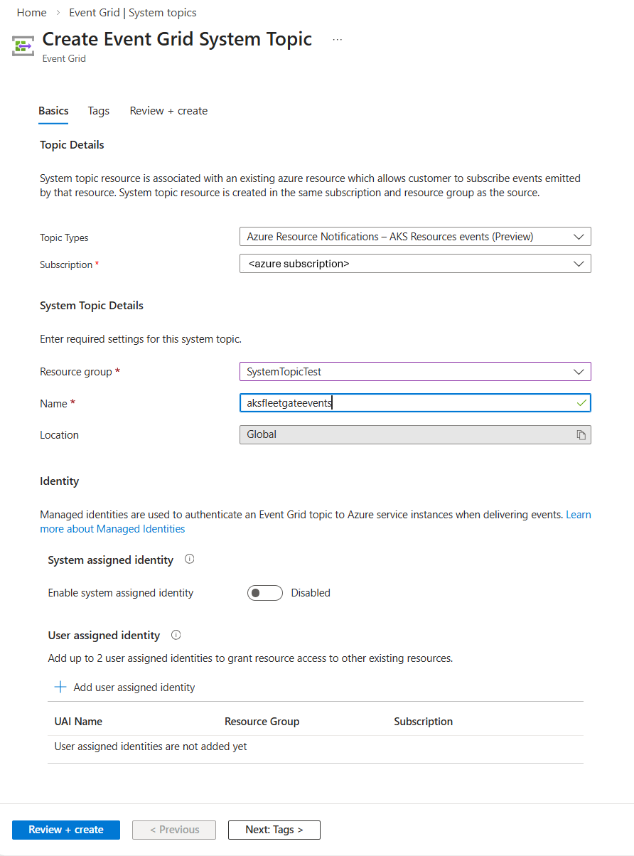 Screenshot that shows the full Create topic page with details in the Azure portal.