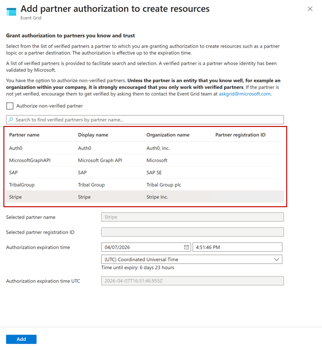 Screenshot of the page that allows you to grant a verified partner the authorization to create resources in your resource group.
